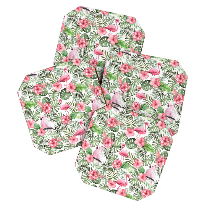 Watercolor Tropical Leaves Flowers Flamingo Cockatoo Coaster Gallery Image 1