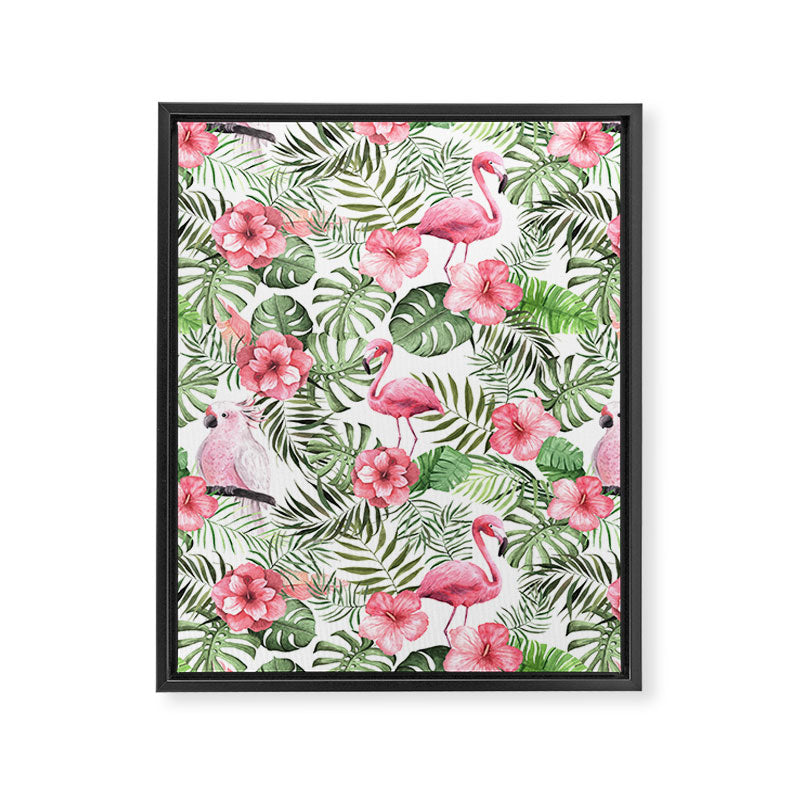 Watercolor Tropical Leaves Flowers Flamingo Cockatoo Framed Canvas Print Gallery Image 3
