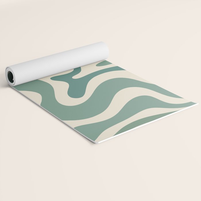 Retro Liquid Swirl Abstract Pattern in Eucalyptus Sage Green and Cream Beige Yoga Mat Gallery Image 2