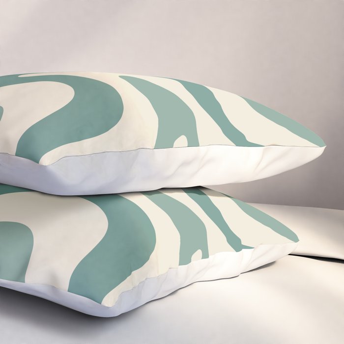 Retro Liquid Swirl Abstract Pattern in Eucalyptus Sage Green and Cream Beige Pillow Sham Gallery Image 3