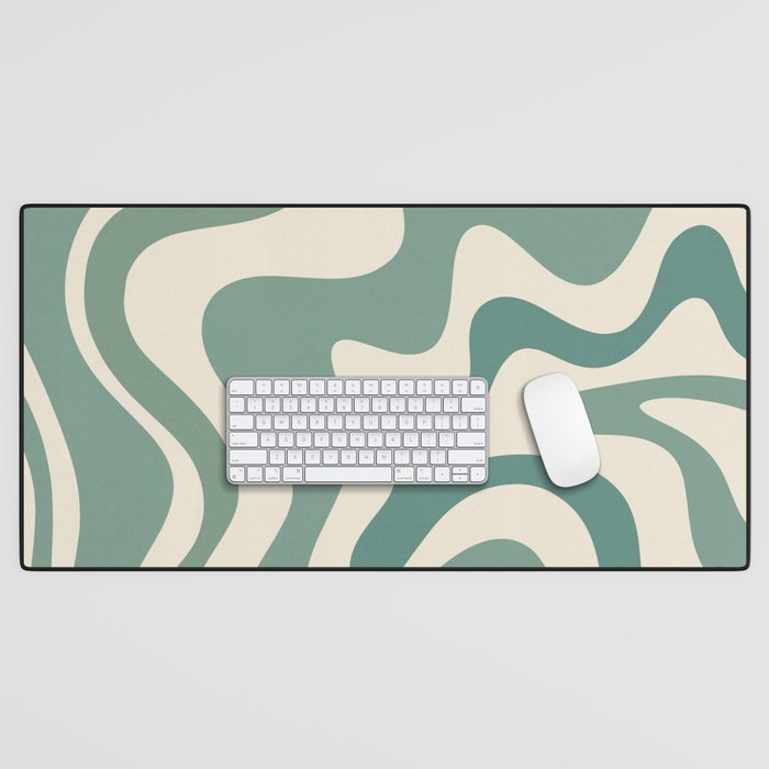 Retro Liquid Swirl Abstract Pattern in Eucalyptus Sage Green and Cream Beige Desk Mat Gallery Image 1