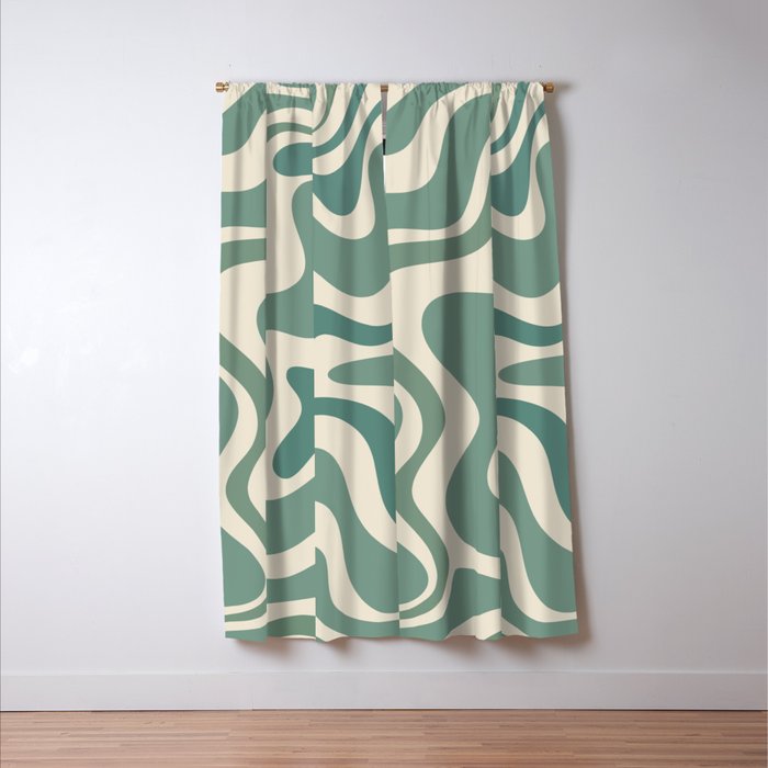Retro Liquid Swirl Abstract Pattern in Eucalyptus Sage Green and Cream Beige Window Curtain Gallery Image 3