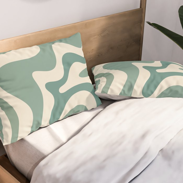 Retro Liquid Swirl Abstract Pattern in Eucalyptus Sage Green and Cream Beige Pillow Sham Gallery Image 2