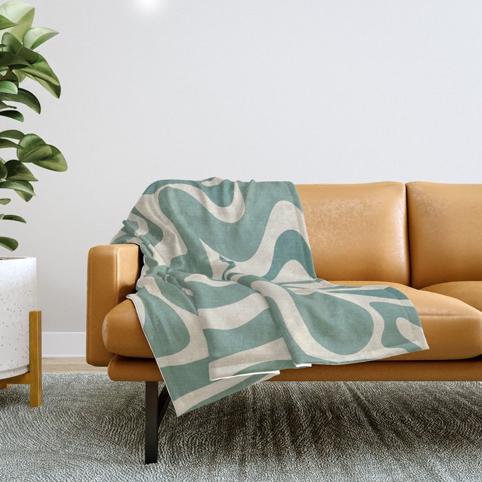Retro Liquid Swirl Abstract Pattern in Eucalyptus Sage Green and Cream Beige Throw Blanket Gallery Image 1