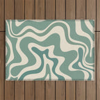 Retro Liquid Swirl Abstract Pattern in Eucalyptus Sage Green and Cream Beige Outdoor Rug Gallery Image 1