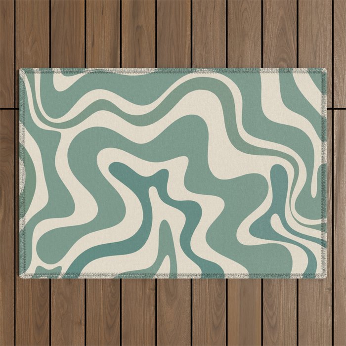 Retro Liquid Swirl Abstract Pattern in Eucalyptus Sage Green and Cream Beige Outdoor Rug Gallery Image 1