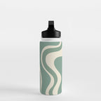Retro Liquid Swirl Abstract Pattern in Eucalyptus Sage Green and Cream Beige Water Bottle Gallery Image 3