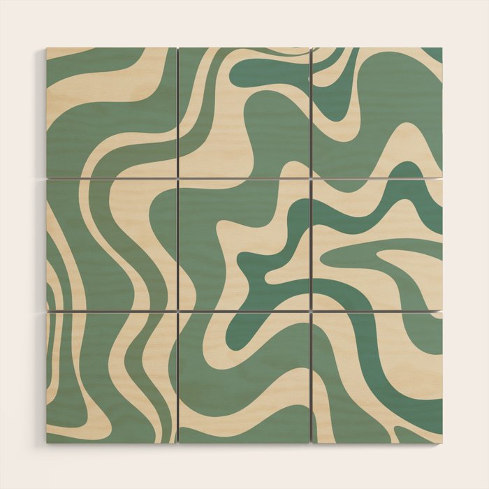 Retro Liquid Swirl Abstract Pattern in Eucalyptus Sage Green and Cream Beige Wood Wall Art Gallery Image 1