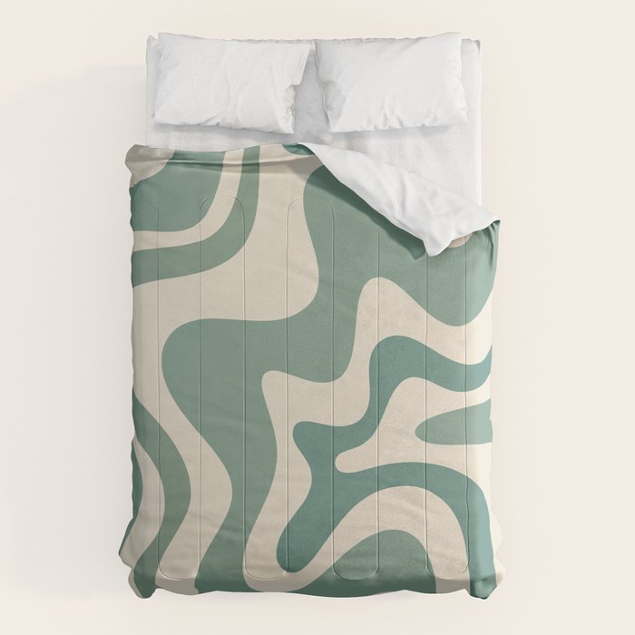 Retro Liquid Swirl Abstract Pattern in Eucalyptus Sage Green and Cream Beige Comforter Gallery Image 1