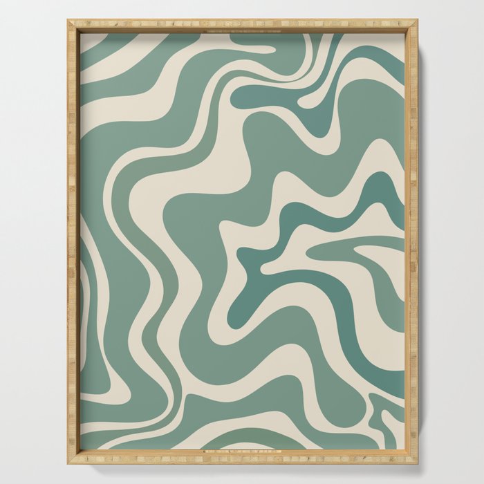 Retro Liquid Swirl Abstract Pattern in Eucalyptus Sage Green and Cream Beige Serving Tray Gallery Image 1