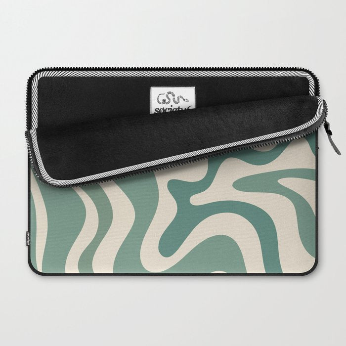 Retro Liquid Swirl Abstract Pattern in Eucalyptus Sage Green and Cream Beige Laptop Sleeve Gallery Image 2
