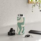 Retro Liquid Swirl Abstract Pattern in Eucalyptus Sage Green and Cream Beige Water Bottle Gallery Image 4