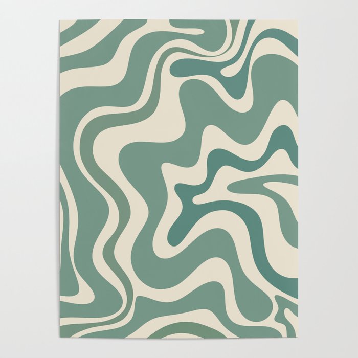 Retro Liquid Swirl Abstract Pattern in Eucalyptus Sage Green and Cream Beige Poster Gallery Image 4