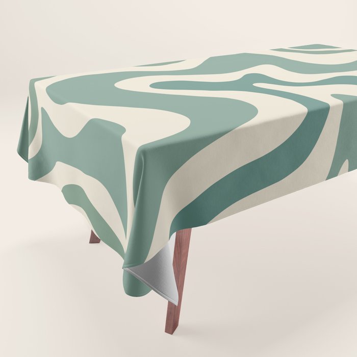 Retro Liquid Swirl Abstract Pattern in Eucalyptus Sage Green and Cream Beige Tablecloth Gallery Image 1