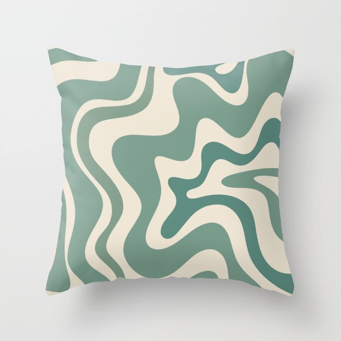 Retro Liquid Swirl Abstract Pattern in Eucalyptus Sage Green and Cream Beige Throw Pillow Gallery Image 6