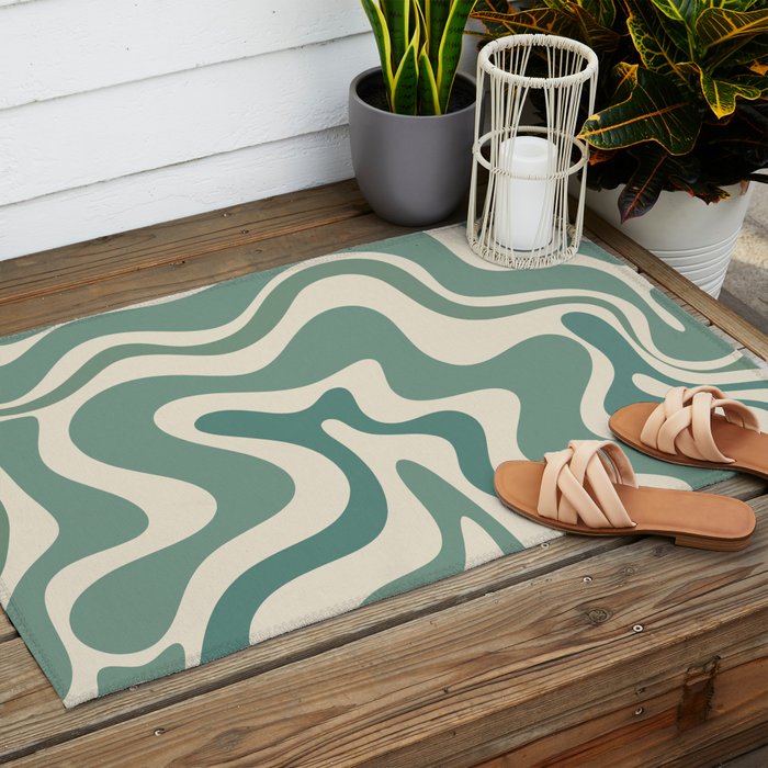 Retro Liquid Swirl Abstract Pattern in Eucalyptus Sage Green and Cream Beige Outdoor Rug Gallery Image 2