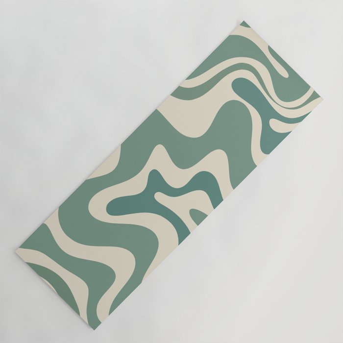 Retro Liquid Swirl Abstract Pattern in Eucalyptus Sage Green and Cream Beige Yoga Mat Gallery Image 1