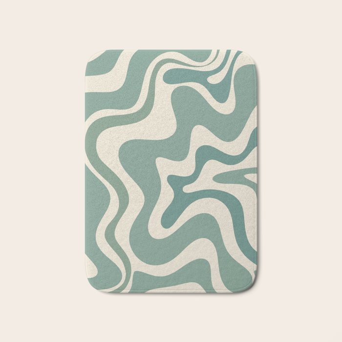 Retro Liquid Swirl Abstract Pattern in Eucalyptus Sage Green and Cream Beige Bath Mat Gallery Image 1