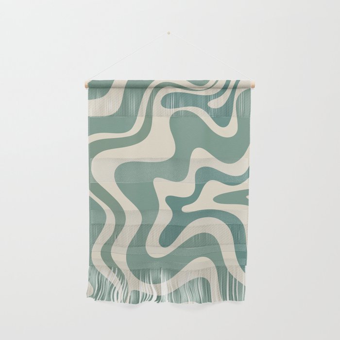 Retro Liquid Swirl Abstract Pattern in Eucalyptus Sage Green and Cream Beige Wall Hanging Gallery Image 1