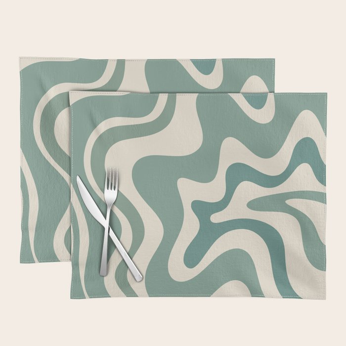 Retro Liquid Swirl Abstract Pattern in Eucalyptus Sage Green and Cream Beige Placemat Gallery Image 1