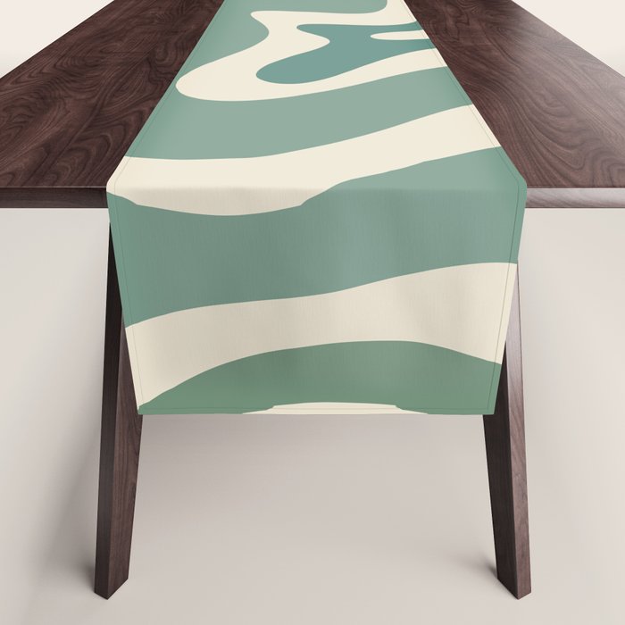 Retro Liquid Swirl Abstract Pattern in Eucalyptus Sage Green and Cream Beige Table Runner Gallery Image 1
