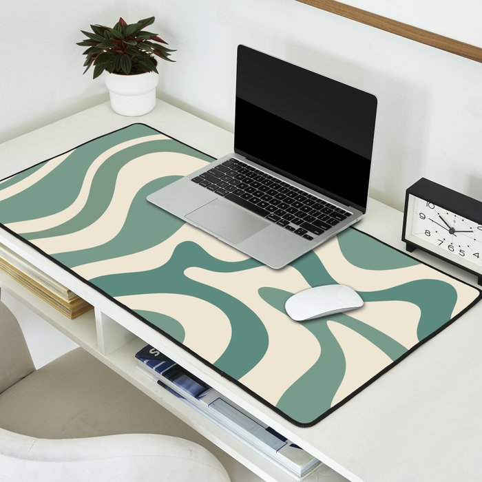 Retro Liquid Swirl Abstract Pattern in Eucalyptus Sage Green and Cream Beige Desk Mat Gallery Image 2