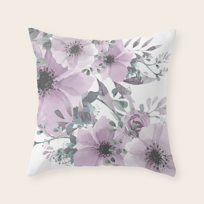 Floral Watercolor, Purple and Gray Throw Pillow Gallery Image 1