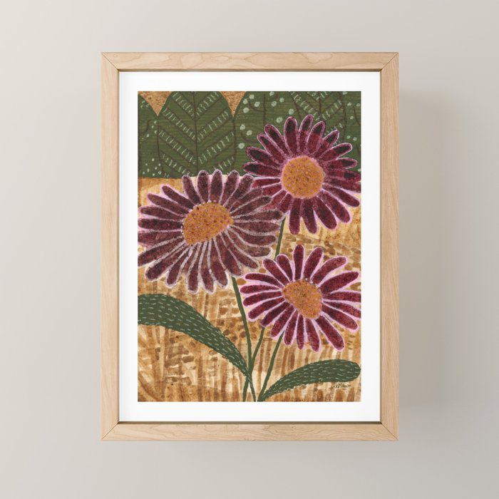 Daisies in Country Field Painting in Burgundy Red Mini Art Print Gallery Image 1