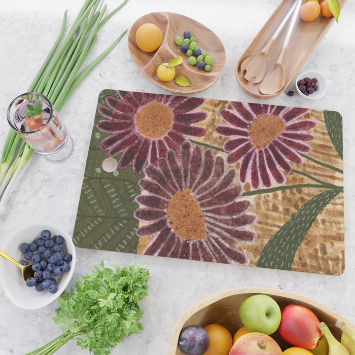 Daisies in Country Field Painting in Burgundy Red Cutting Board Gallery Image 2