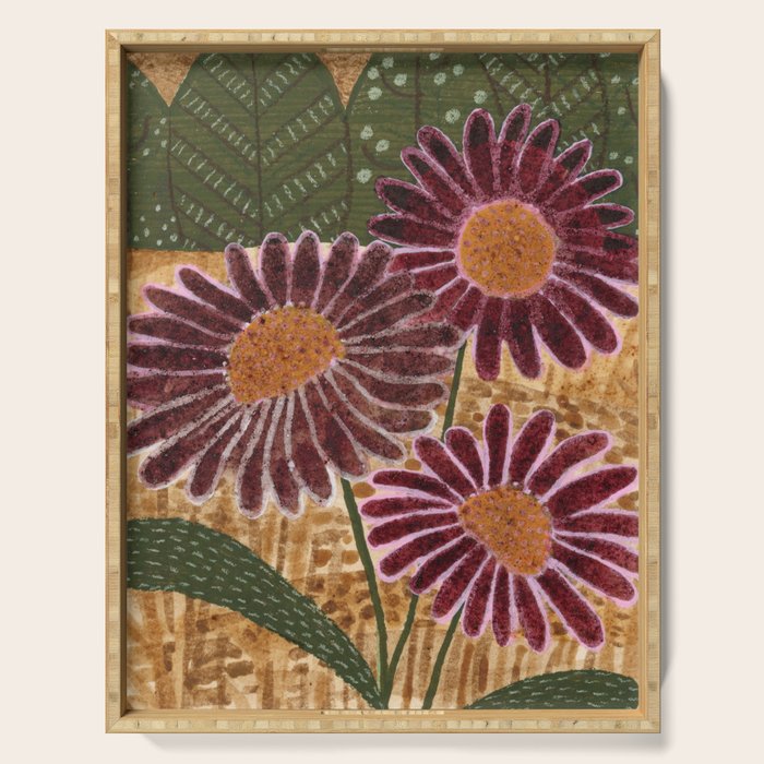 Daisies in Country Field Painting in Burgundy Red Serving Tray Gallery Image 1