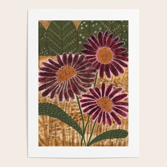 Daisies in Country Field Painting in Burgundy Red Poster Gallery Image 1