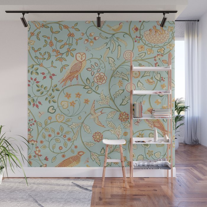 William Morris Newill Owl Art Blue Peppermint Russet Vintage Pattern Wall Mural Gallery Image 1