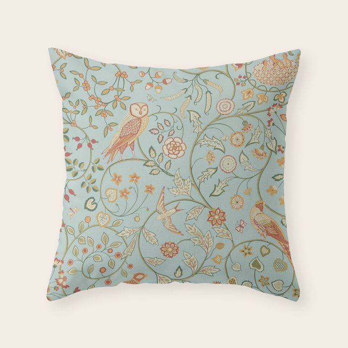 William Morris Newill Owl Art Blue Peppermint Russet Vintage Pattern Throw Pillow Gallery Image 6