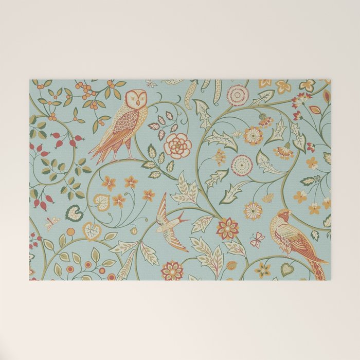 William Morris Newill Owl Art Blue Peppermint Russet Vintage Pattern Welcome Mat Gallery Image 1