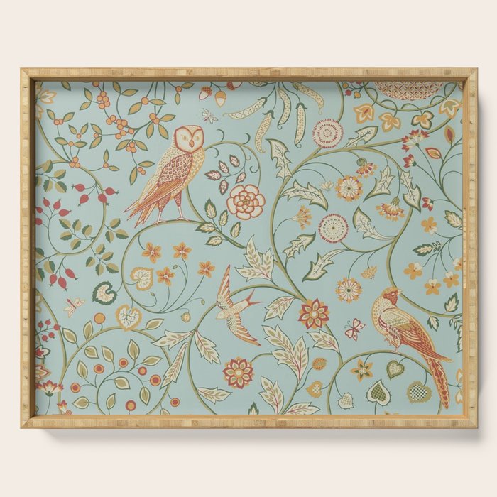 William Morris Newill Owl Art Blue Peppermint Russet Vintage Pattern Serving Tray Gallery Image 1