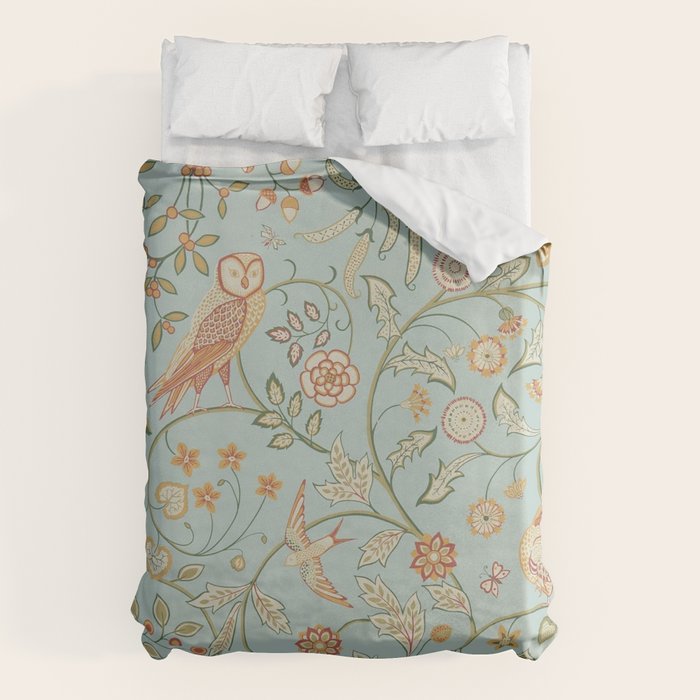 William Morris Newill Owl Art Blue Peppermint Russet Vintage Pattern Duvet Cover Gallery Image 6