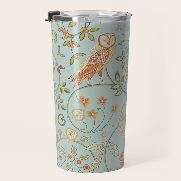 William Morris Newill Owl Art Blue Peppermint Russet Vintage Pattern Travel Mug Gallery Image 3