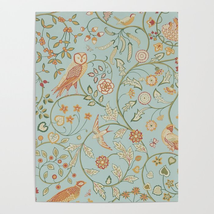 William Morris Newill Owl Art Blue Peppermint Russet Vintage Pattern Poster Gallery Image 4