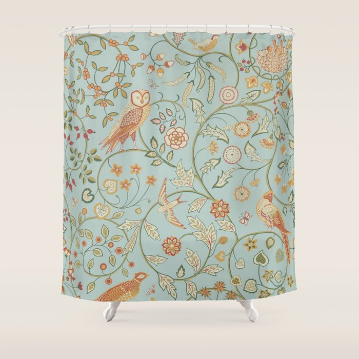 William Morris Newill Owl Art Blue Peppermint Russet Vintage Pattern Shower Curtain Gallery Image 1