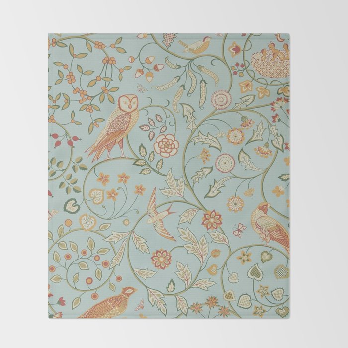 William Morris Newill Owl Art Blue Peppermint Russet Vintage Pattern Throw Blanket Gallery Image 2