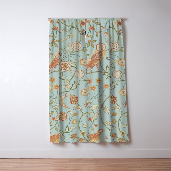 William Morris Newill Owl Art Blue Peppermint Russet Vintage Pattern Window Curtain Gallery Image 3
