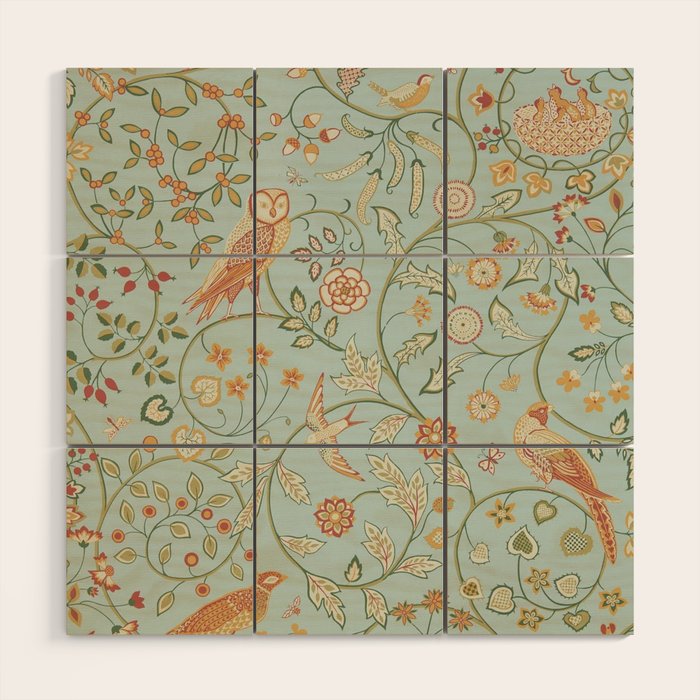 William Morris Newill Owl Art Blue Peppermint Russet Vintage Pattern Wood Wall Art Gallery Image 1