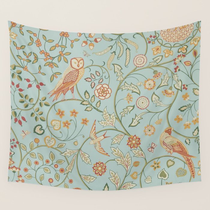 William Morris Newill Owl Art Blue Peppermint Russet Vintage Pattern Wall Tapestry Gallery Image 1