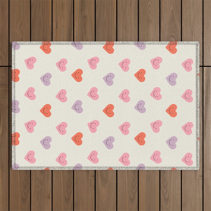 Happy love heart face doodle pattern Outdoor Rug Gallery Image 1
