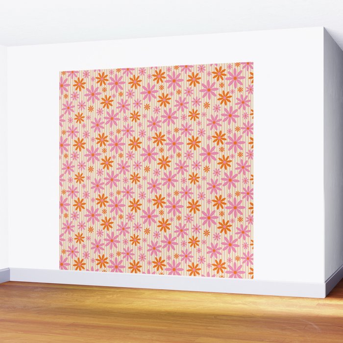  Retro 70s Groovy Daisy Pattern with Stripes, Hot Orange and Pink Wall Mural Gallery Image 2