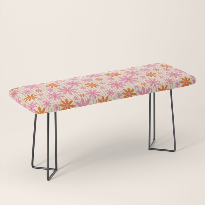  Retro 70s Groovy Daisy Pattern with Stripes, Hot Orange and Pink Bench Gallery Image 1