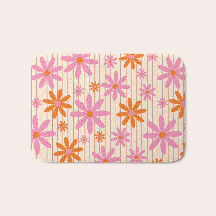  Retro 70s Groovy Daisy Pattern with Stripes, Hot Orange and Pink Bath Mat Gallery Image 1