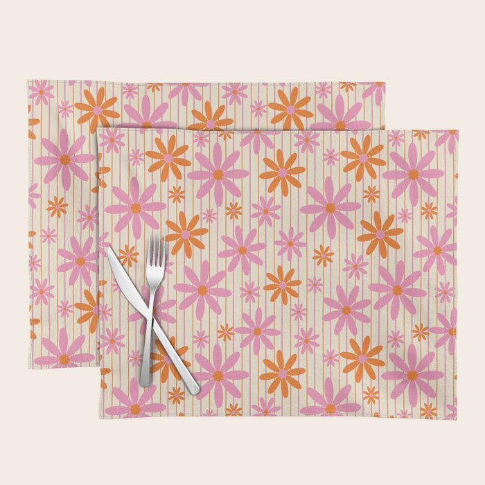  Retro 70s Groovy Daisy Pattern with Stripes, Hot Orange and Pink Placemat Gallery Image 1