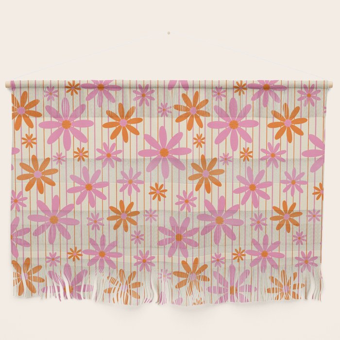  Retro 70s Groovy Daisy Pattern with Stripes, Hot Orange and Pink Wall Hanging Gallery Image 1