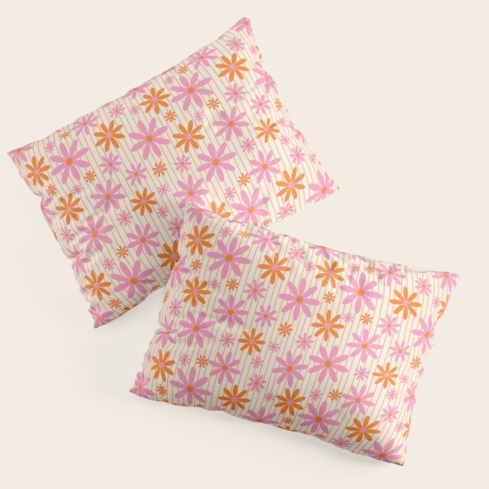 Retro 70s Groovy Daisy Pattern with Stripes, Hot Orange and Pink Pillow Sham Gallery Image 3